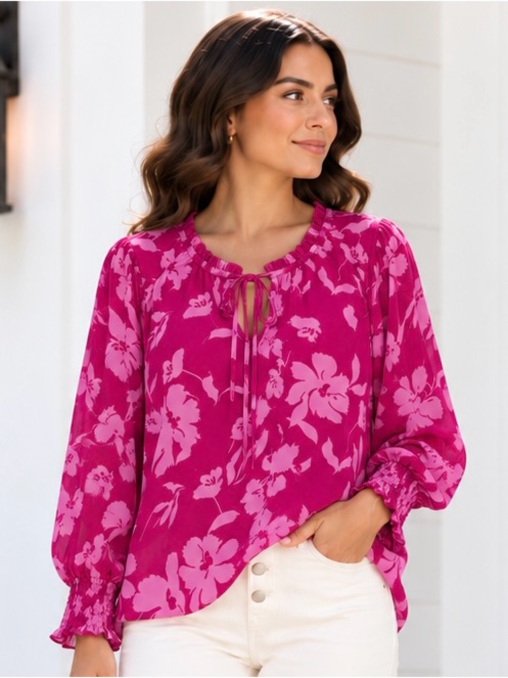 Umgee Magnolia Bloom Blouse Pink Floral Smocked Tie Neck Blouse